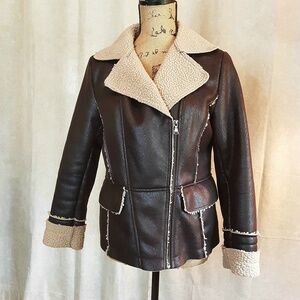Women's Sherpa Lined Aviator Jacket Brown Faux Suede  Sz S